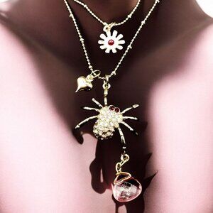 Gold Spider Pendant Necklace w/ Pink Crystal Heart & Flower Charms Gothic Boxed